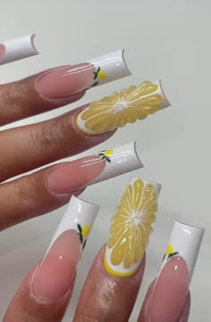 Birthday Theme Nails, 3d Sunflower Nails Acrylic, 3d Lemon Nails, Lemon Nails Designs Coffin, Yellow Bling Nails Rhinestones, 3d Nail Designs Fruit, Tapered Square Nails, Classy Acrylic Nails