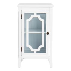 a white cabinet with glass doors and an arched design on the front, against a white background