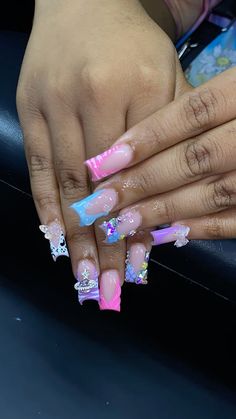 Duck Nails Purple, Rainbow Duck Nails, Pink Duck Nails With Charms, Duck Nails Pink And Black, Colorful Duck Nails Acrylic, Girls Nail Designs, Weak Nails, Makeup Nails Designs, Black Acrylic Nails