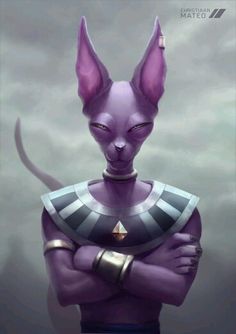 a purple cat is standing with his arms crossed