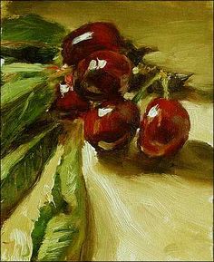 an oil painting of cherries on a table