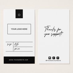 a white business card with black writing on the front and back of it, along with an envelope that says thank you for your support