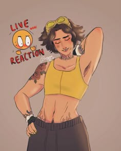 a drawing of a woman with tattoos on her arm and chest, wearing a yellow crop top