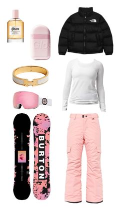 the contents of a snowboard outfit including pink pants, white shirt and black jacket