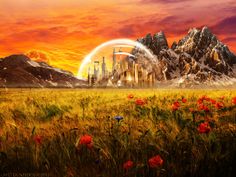 an artistic painting of a city surrounded by mountains and red poppies in the foreground