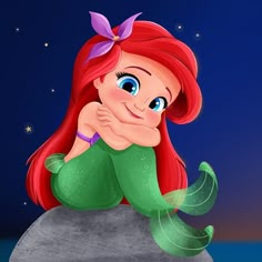 ariel from the little mermaid sitting on top of a rock with her hand under her chin