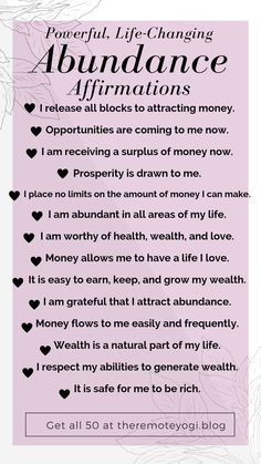 Aug 5, 2019 - A lot of our blocks to money are based on the wrong set. Use these abudance affirmations to get your mind in the right place for wealth. Louise Hay, Abundance Affirmations, Wealth Affirmations, Daily Positive Affirmations, Self Love Affirmations, Positive Self Affirmations, Money Affirmations, Love Affirmations, Manifestation Affirmations