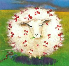 a painting of a sheep with hearts on it's face in a grassy field