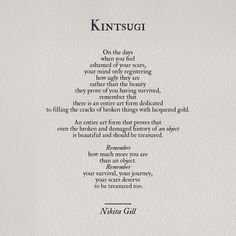 a poem written in black ink on white paper with the words kintsuugi