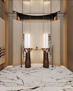 a room with marble floors and two tall vases