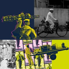 the collage shows people riding bikes, bicycles and other things in black and white