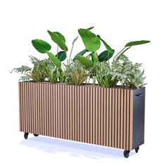 a wooden planter with plants in it