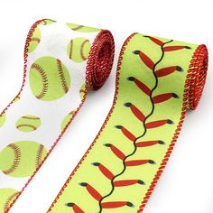 two ties with baseballs on them are next to each other, one is green and the other is red