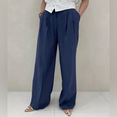 Never Been Worn - Perfect Condition! Frankie Shop Trousers In Navy Blue And Folded Waist Detail. I’m 5’6 And A 25 In Jeans For Size Reference. Urban Blue Wide-leg Cargo Pants, Blue Non-stretch Wide Leg Trousers, Shop Pants, The Frankie Shop, Frankie Shop, Jumpsuit Trousers, Pants Color, Pant Jumpsuit, Pants For Women