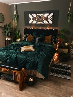 Autumn vibes in the bedroom by The Boho Blanket @tomtailor_home Dark Boho Themed Bedroom, Hunter Green And Brown Bedroom, Black And Gold Bedroom With Pop Of Color, Contact Paper Stickers, Dark Bohemian Decor Bedroom, Aztec Rustic Bedroom, Dark Western Boho Bedroom, Maximalist Bedroom Couple, Black Headboard Bedroom Ideas Boho