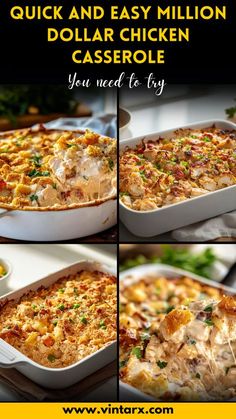 four different views of a casserole dish with chicken and vegetables in the bottom