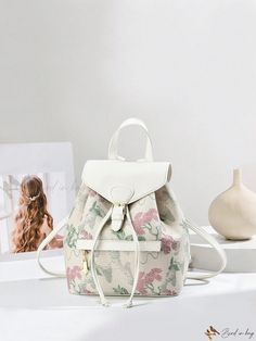 Bird in Bag - Sophisticated Ladies' Backpack with Floral Pattern Casual Spring Rectangular Backpack, Spring Travel Backpack Shoulder Bag, Spring White Backpack For Daily Use, White Backpack For Daily Use In Spring, White Backpack For Spring, White Backpack With Zipper Closure For Spring, Spring Beige Backpack For Daily Use, Spring Softback Backpack With Adjustable Strap, White Spring Backpack With Adjustable Strap