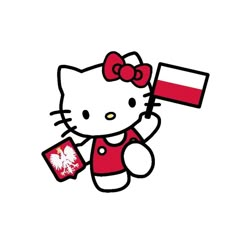 a hello kitty holding a flag and a cell phone