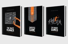 three book covers for the maze runner and ender's game, with an orange ribbon