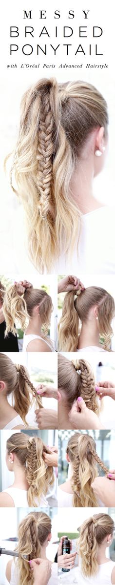 Wavy, braided ponytail for long hair on @Vogueinvines. 1 Gather hair into high ponytail. 2 Gather small piece of hair from underneath, wrap around base of ponytail, and secure with bobby pin. 3 Gather small section of hair on one side of ponytail and braid all the way down. 4 Using fingers, pull on braid to widen. 5 Repeat with another section of hair on other side. 6 With a ribbon curling iron, curl small sections of hair throughout ponytail. 7 Finish with Lock It Weather Control Hairspray. Headband Scrunchies, Cotton Hair, Ombre Highlights, Scrunchies Hair, Hair Ponytail, Braided Ponytail, Unique Hairstyles, Hair Bands, Ponytail Holders