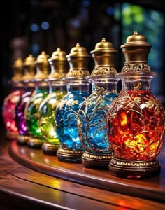 there are many different colored glass vases on the table with lights in them and one has a gold lid