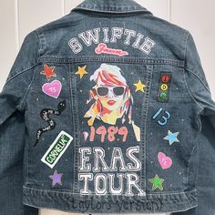 This was a recent commission for a girl whose going to see Taylor very soon! I’ve never done anything like this and you bet I was feeling the pressure because I know how important getting it right would be 🙈 (thankfully she loves it ) and it’s going off to its new home and a special night out soon! ✨ If I have time for commissions I will always do my best so dm me if you have an idea! I can work with existing jackets if you have one in your wardrobe you’d like to glow up ⚡️ Taylor Swift Drawing, Jacket Designs, Recycled Clothes, Jacket Ideas, Taylor Swift Tour Outfits, Swift Tour