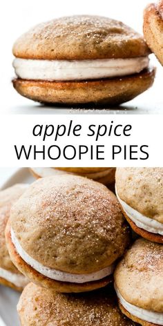 apple spice whoopie pies stacked on top of each other with the title above it