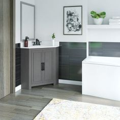 a bathroom with a sink, toilet and bathtub next to a rug on the floor