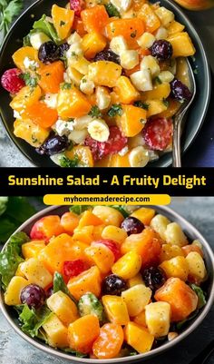 two pictures of different types of fruit salads in bowls with the title, sunshine salad - a fruity delight