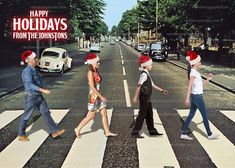 an image of people walking across the street in christmas hats on holiday greetings from the beatles