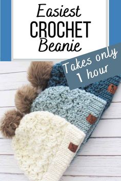 an easy crochet beanie is shown with text overlay