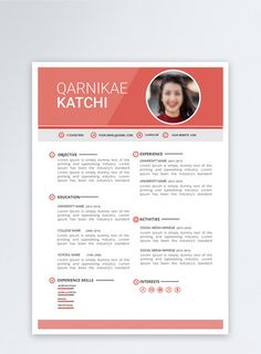 a red and white resume template with a photo on the front, and an orange background