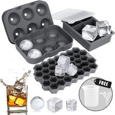 ice cube trays with different shapes and sizes, including one filled with ice balls