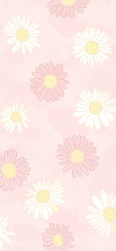 a pink and white flower wallpaper with lots of daisies on the bottom half