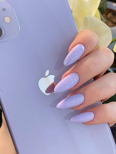 Lilac Nail Inspo Almond, Lilac Nails Ideas, Almond Nails Lilac, Purple Nails Almond Shape, Lilac Nail Ideas, Lilac Almond Nails, Lilac Nails With Glitter, Purple Nails Almond, Purple Nails Aesthetic