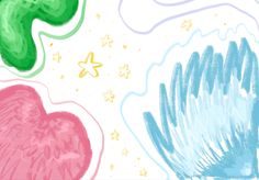 an artistic drawing of hearts and stars in pastel colors on a white paper background