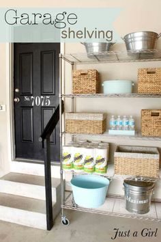 a garage shelving unit with baskets and buckets on the bottom shelf next to it