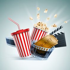 popcorn buckets with movie tickets and 3d glasses flying out of them, on a blue background