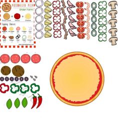 a variety of food items are arranged on a white background with red and green accents