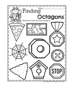 the worksheet for finding octagons is shown in black and white, with pictures