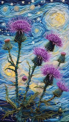 some purple thistles are in the water and there is a full moon behind them