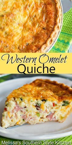 a close up of a pie on a plate with the words western omelet quiche