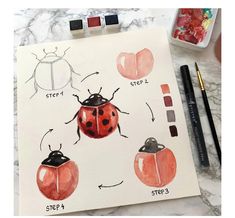 a drawing of ladybugs on a piece of paper with markers and watercolor pencils