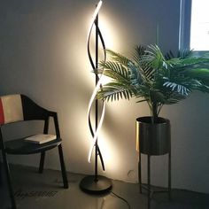 a potted plant sitting on top of a table next to a chair and lamp