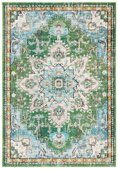 a green, blue and white rug with an ornate design on the bottom half of it