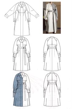 the front and back views of an unlined trench coat, with three different variations