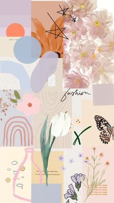 a collage with flowers, butterflies and other things in the same color palettes