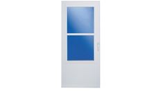 an open white door with blue glass on the outside and side panels to the inside