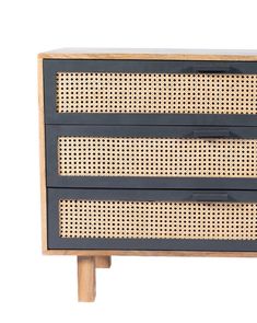 the sideboard has three drawers and is made out of wood with rattan panels