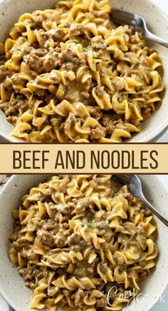 two bowls filled with beef and noodles